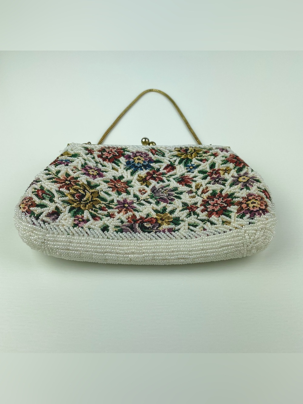 VTG Oharsma Floral Beaded Tapestry Evening Bag Gold Chain Handbag Kiss Clasp - Picture 5 of 16